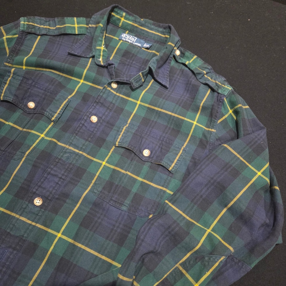 Polo Ralph Lauren Mens XL Plaid Flannel Shirt Blue Green Yellow Epaulets Cotton